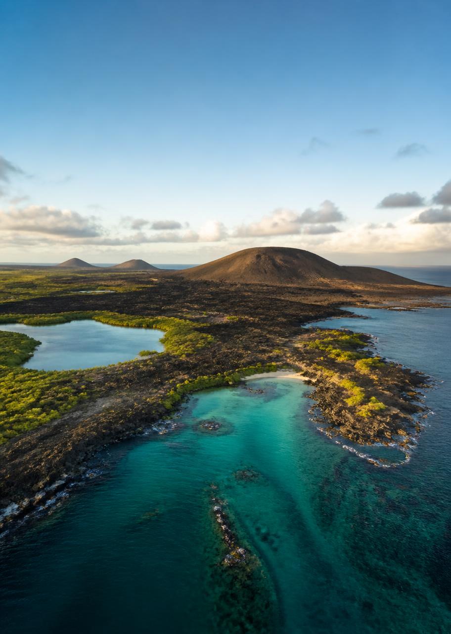 Aerial view of Isabela Island, Galápagos: black lava coastline, mangrove lagoons and volcanic slopes at sunrise