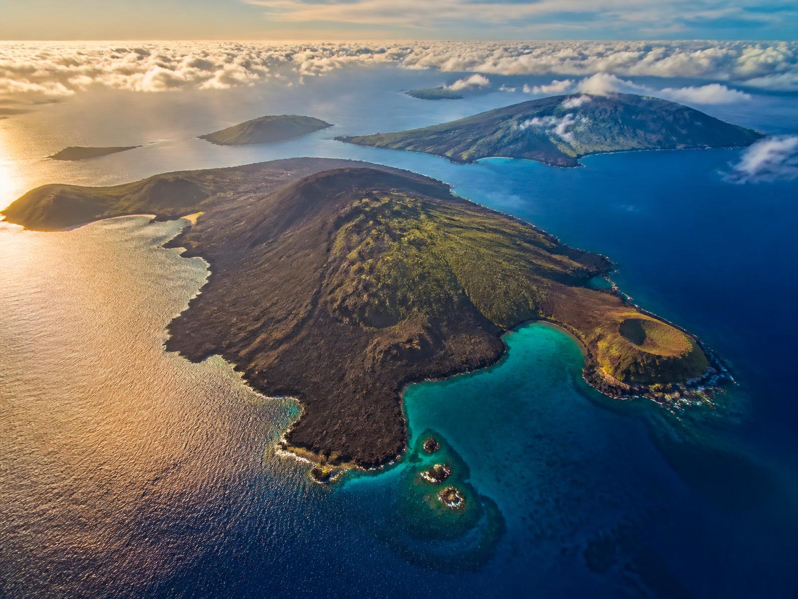 Aerial view of the Galápagos archipelago at golden hour