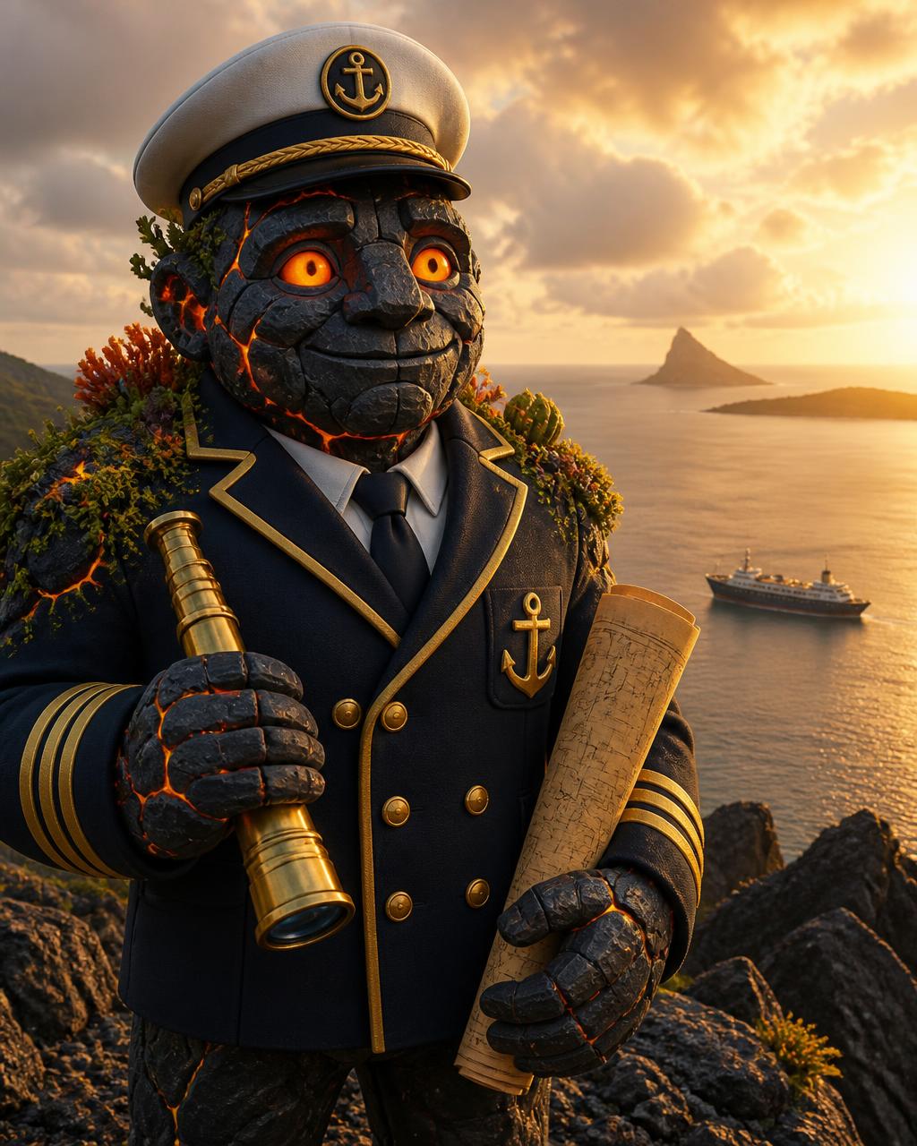 JENOVESILU, the ILUMINA volcanic rock logistics character in a navy cruise officer jacket and cap, holding a spyglass and a navigation chart above the ocean