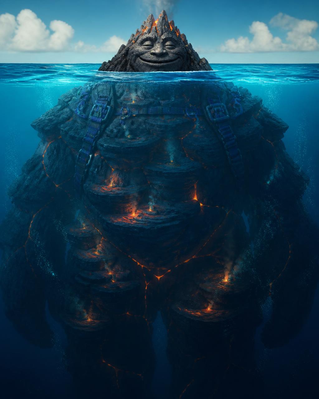 REDONDILU, a mostly submerged ILUMINA volcanic rock logistics character: only a small volcanic crown rises above the waterline while the far larger body, marked with glowing lava veins, descends into deep blue water