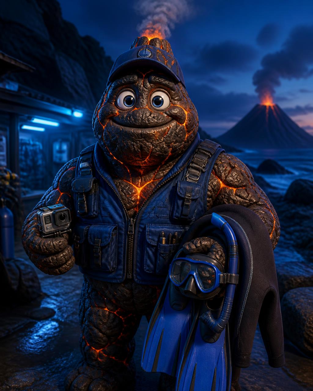 CERRO AZULILU EQUIPMENT, the ILUMINA volcanic rock character in a deep blue technical vest, carrying a wetsuit, mask and fins