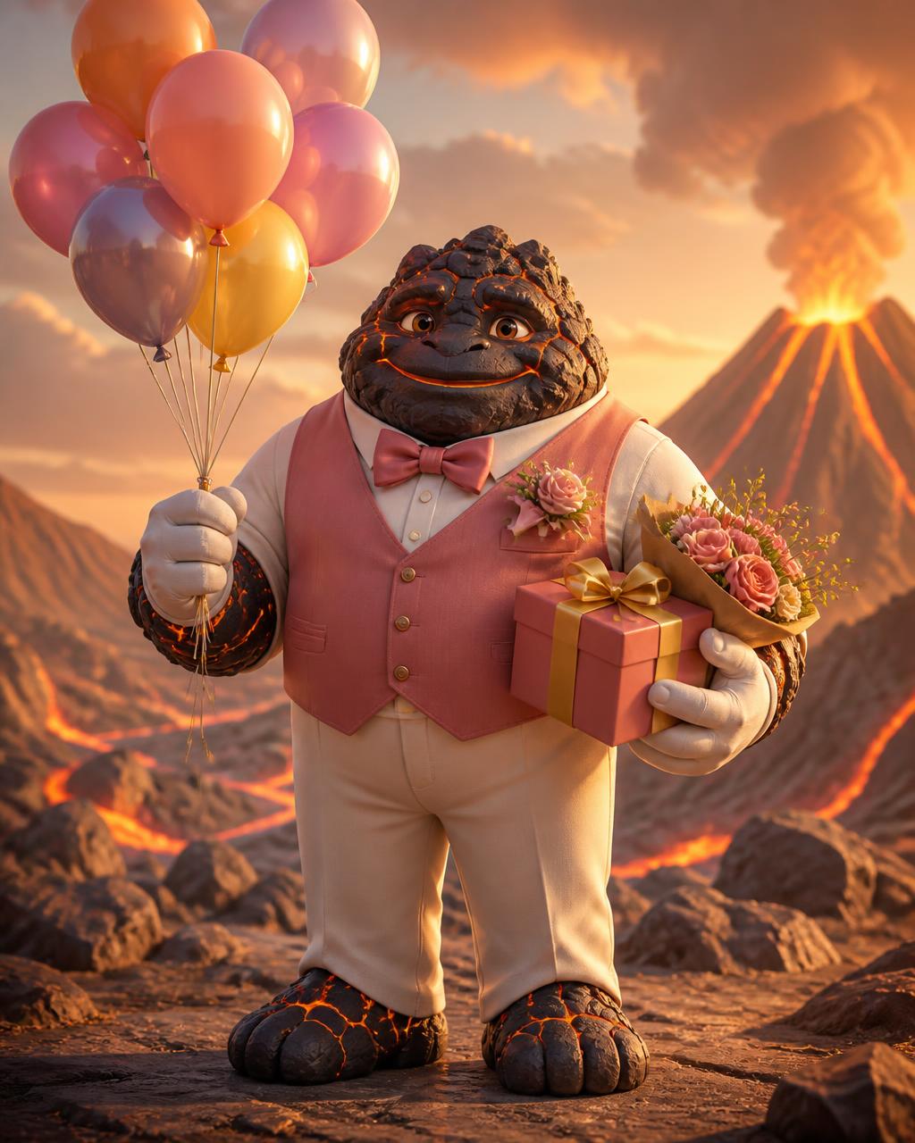 FLOREANILU, the ILUMINA volcanic rock logistics character in a blush-rose waistcoat and bow tie, holding balloons, a ribboned gift box and a flower bouquet