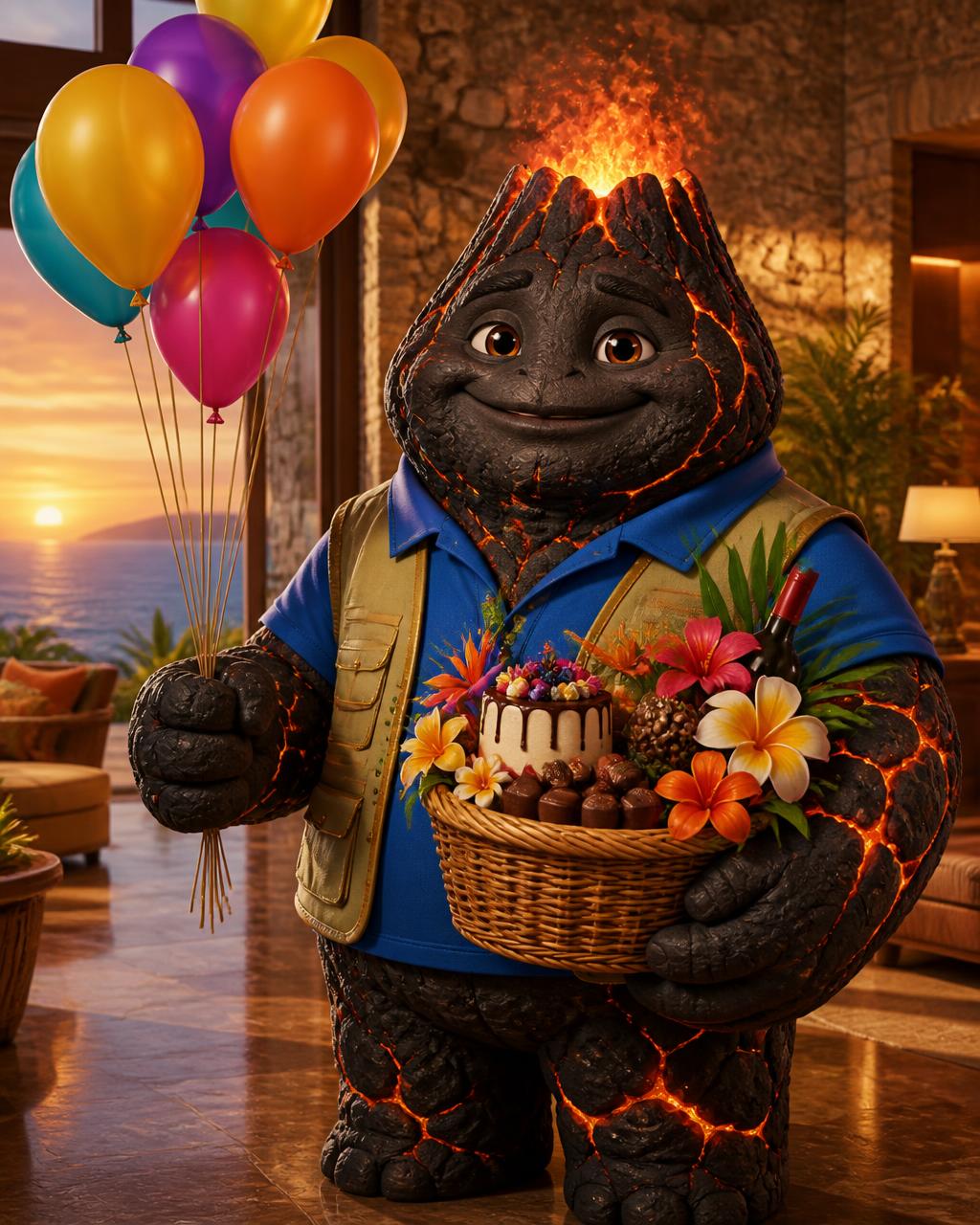 FLOREANILU, the ILUMINA volcanic rock logistics character in a khaki gift-service vest, carrying a woven welcome basket with flowers, chocolates and balloons