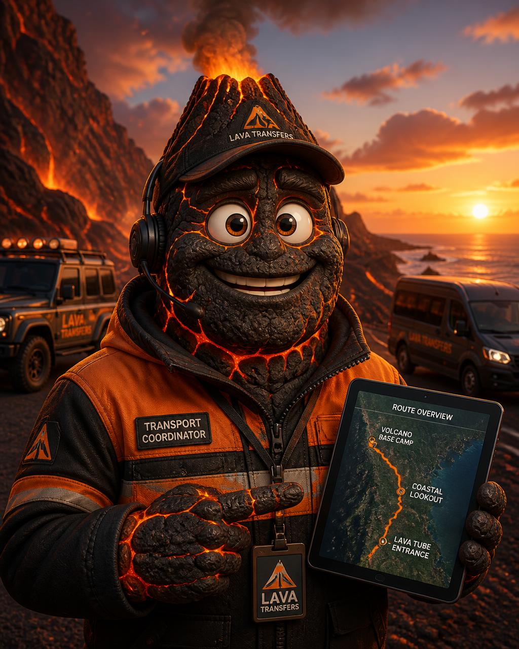 ILUBERKELEY MOVE, the ILUMINA volcanic rock character in an orange transport jacket, holding a route tablet beside transfer vehicles