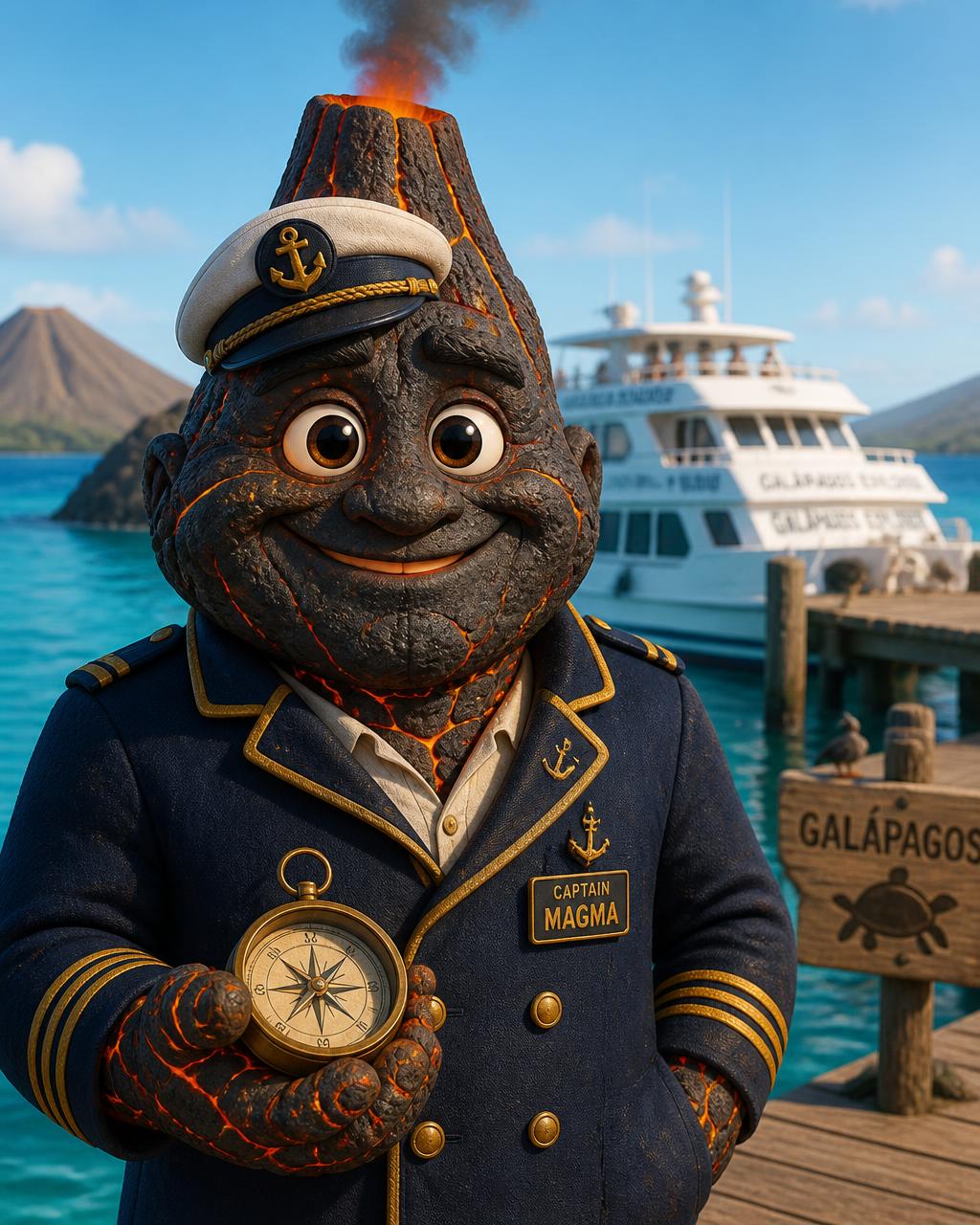 DARWINILU SNORKELING + LAND TOURS, the ILUMINA volcanic rock character in a navy captain uniform, holding a compass beside a tour boat