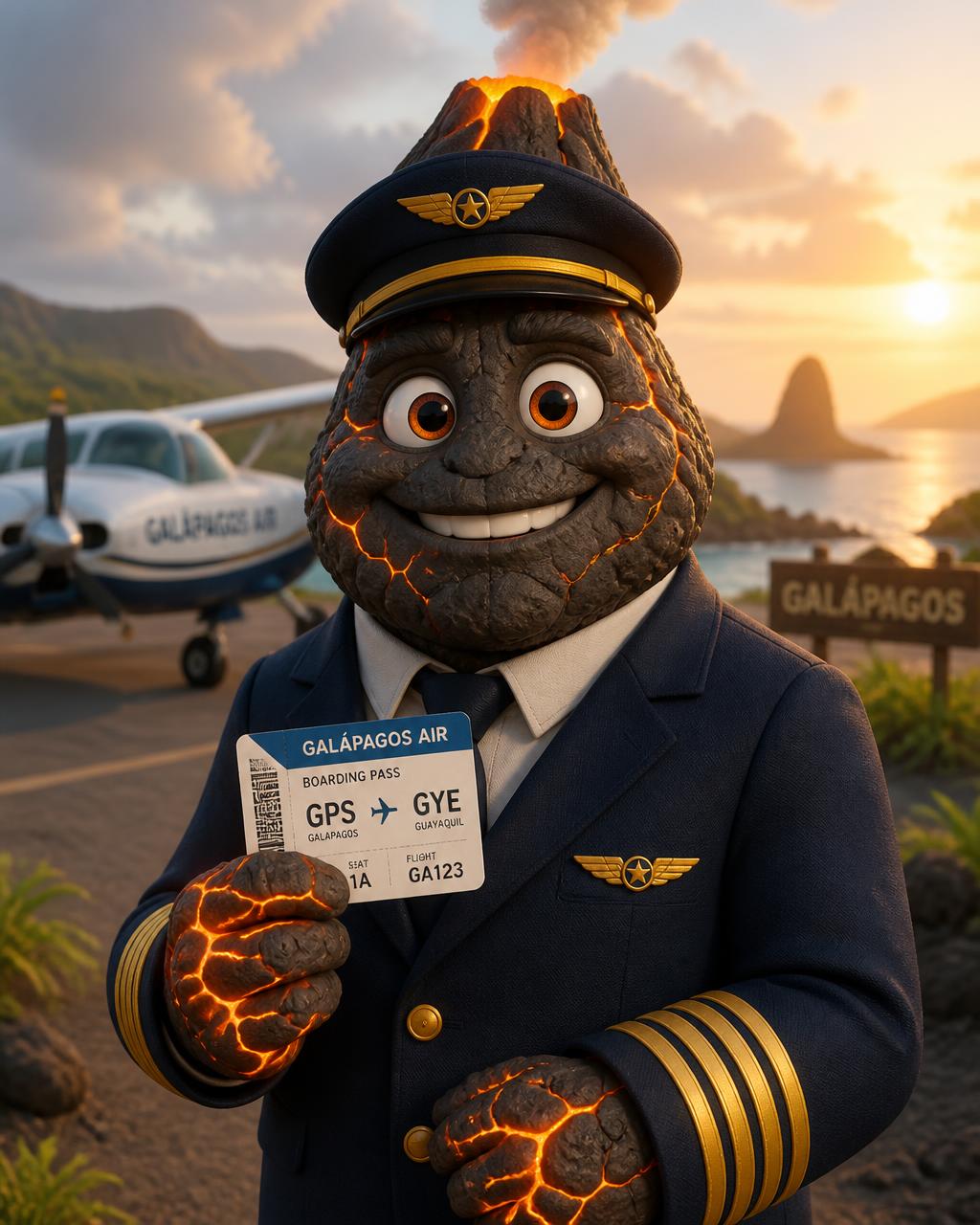 WOLFILU SKY, the ILUMINA volcanic rock character in a pilot uniform, holding a boarding pass beside a light aircraft