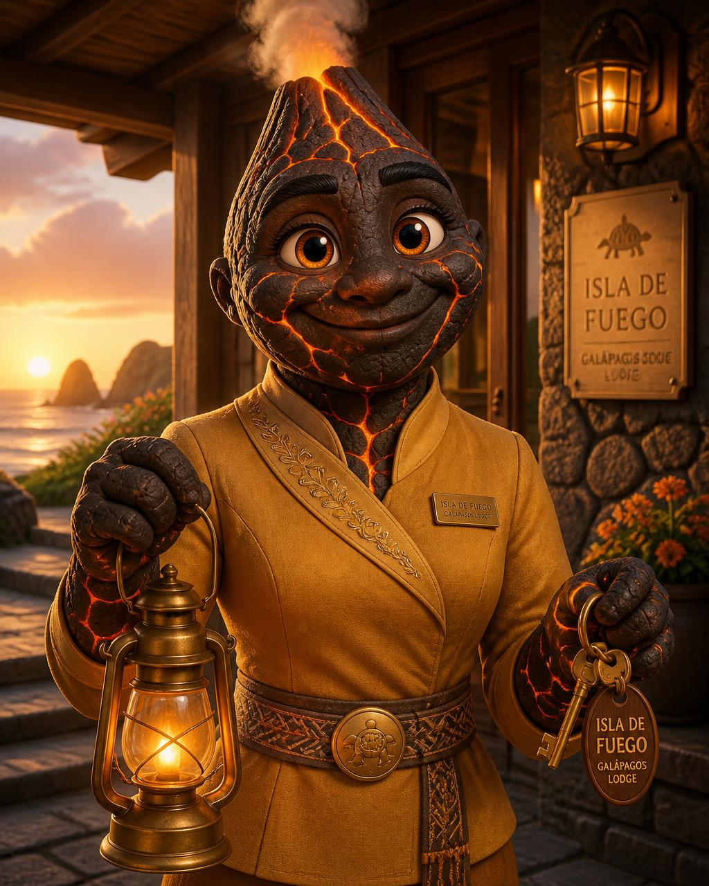 SIERRA ILUNEGRA STAY, the ILUMINA volcanic rock character in a warm gold host uniform, holding a lantern and room keys