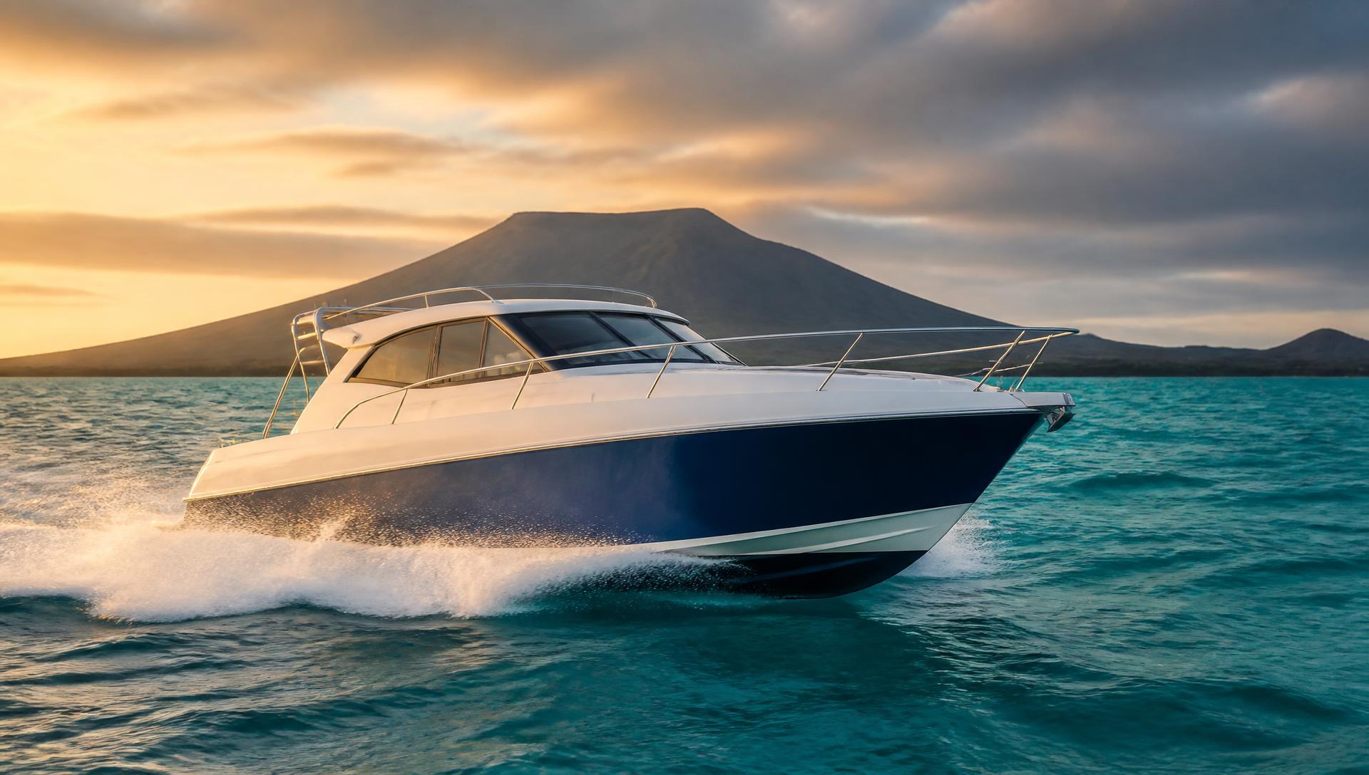 Passenger speedboat crossing turquoise Galápagos waters at sunrise
